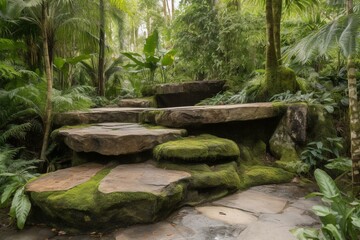 stone platform in lush rainforest for showcasing products. Generative AI