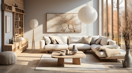 An interior shot of a living room designed in the Japandi style, featuring a harmonious blend of Scandinavian minimalism and Japanese aesthetics.