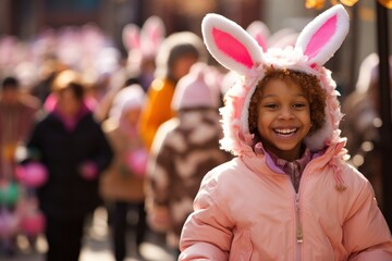 A cute little girl wearing bunny ears and a pink jacket. This adorable image can be used for Easter...