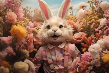 A picture of a stuffed rabbit placed in a beautiful field of colorful flowers. This image can be used to add a touch of whimsy to any project or to represent the beauty of nature. - obrazy, fototapety, plakaty