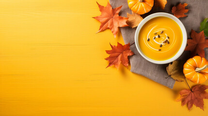 copy space, stockphoto, high quality photo, Pumpkin cream soup, top view. Beautiful autumn table setting.
Tasty creamy pumpkin soup, typical for autumn. Healthy vegetable soup.