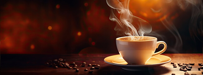 Coffee sales background with a cup of hot coffe on a dark background. For covers, banners and other projects about coffe.
