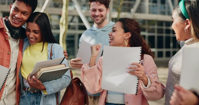 Collage, exam and students happy for results on university campus and celebrate for test success or certificate together. Scholarship, education and group of young people or friends pass paper - Powered by Adobe