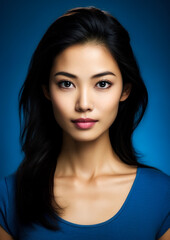 Naklejka premium Asian woman in blue clothes on conceptual blue background for frame
