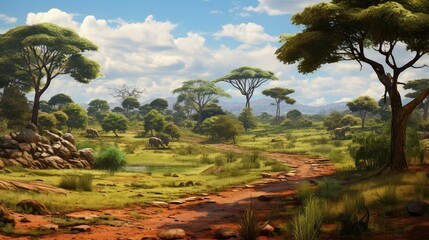 africa african savannah woodland illustration landscape tree, summer tropical, natural outdoor africa african savannah woodland - obrazy, fototapety, plakaty