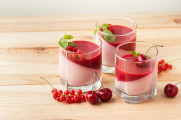 Delicious Italian dessert panna cotta with red berry sauce, fresh cherries, currant and mint leaves in a glass on the rustic wooden background.