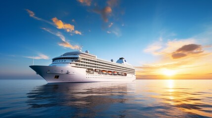 Experience the allure of a majestic cruise ship as it glides gracefully through the tranquil expanse of the ocean at the break of dawn. This embodies the essence of exclusive tourism