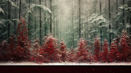  a painting of a snowy forest with red berries on the trees.  generative ai