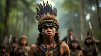 Wild tribe in the jungle with painted faces, jewelry and cultural traditions - obrazy, fototapety, plakaty