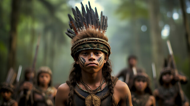Wild tribe in the jungle with painted faces, jewelry and cultural traditions