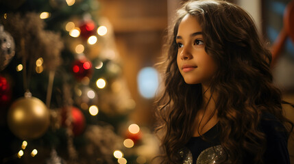 Niña latina piel morena de cabello obscuro y hermosa sonrisa observando el arbol navideño con boken y luces de fondo - obrazy, fototapety, plakaty