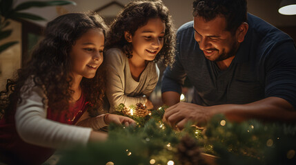 Familias latina haciendo decoraciones navideñas colocando el arbol con velas y luces brillantes,...
