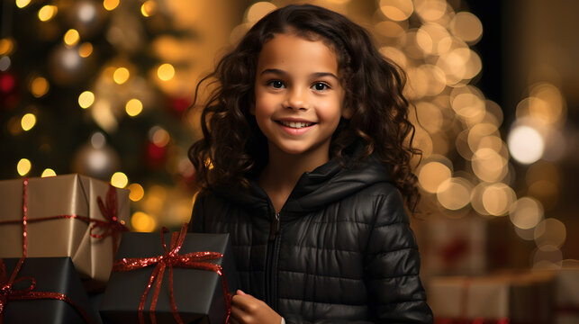 Ni&ntilde;a latina piel morena de cabello obscuro y hermosa sonrisa observando el arbol navide&ntilde;o con boken y luces de fondo