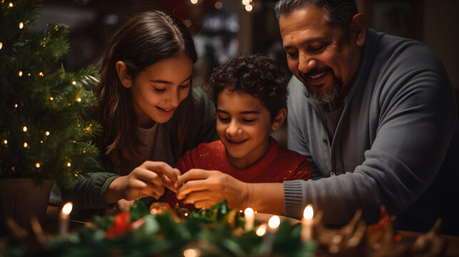 Familias latina haciendo decoraciones navide&ntilde;as colocando el arbol con velas y luces brillantes, papa, hijo e hija sonriente ropa causal  tipica familia mexicana