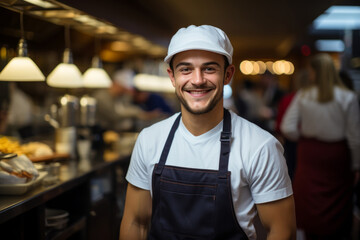 Portrait of smiling young male waiter wearing apron standing looking at camera in cafe