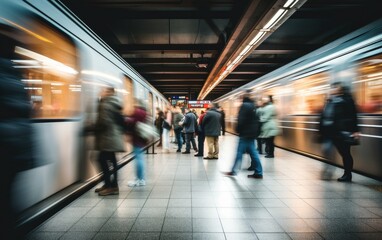 A bustling subway scene with blurred travellers in motion. Generative AI - obrazy, fototapety, plakaty