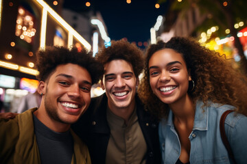 Fototapeta premium Lifestyle and friendship concept. Multi ethnic guys and girls spending time together. Happy life style friendship concept. Young multicultural people having fun time together in city. Generative AI