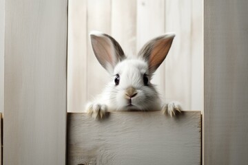 A cute bunny looking out from a white board - standing vertically. Generative AI - obrazy, fototapety, plakaty
