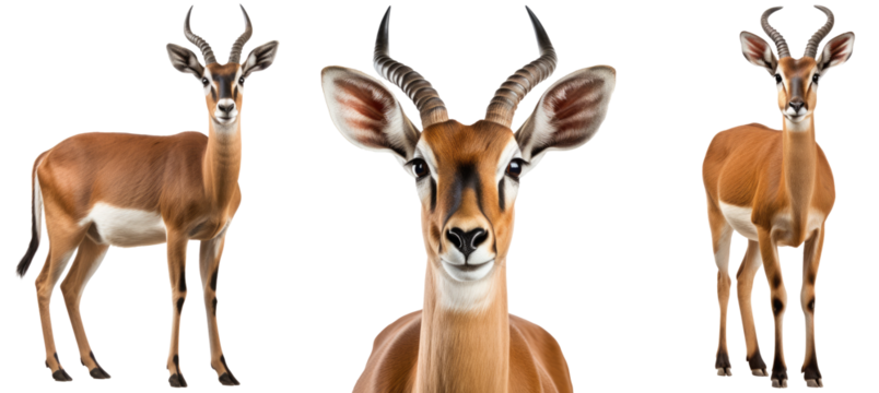 Impala antelope collection (portrait, standing, side view), animal bundle isolated on a white background as transparent PNG