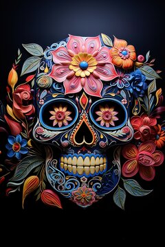 Skull decorated with colorful Day of the Dead motifs surrounded by brightly colored flowers.