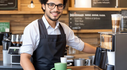 Barista serving customers in a coffee shop - obrazy, fototapety, plakaty