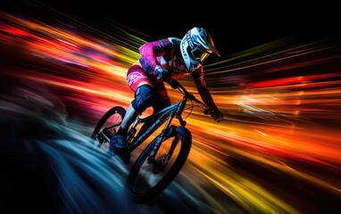 Long time exposure photo of a mountain bicycle race. Generative AI