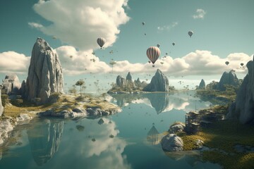 An unreal world: a dreamlike scenery with levitating landmasses backdrop. Generative AI