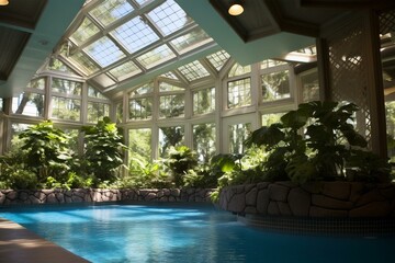 Large indoor pool amidst plants and sunlight. Generative AI