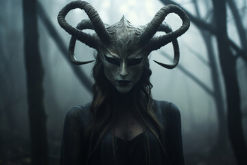 Horror, fantasy, sci-fi, culture and religion, make-up concept. Evil and demonic looking woman with horns and make-up horror and fantasy portrait. Dark moody background. Generative AI - obrazy, fototapety, plakaty