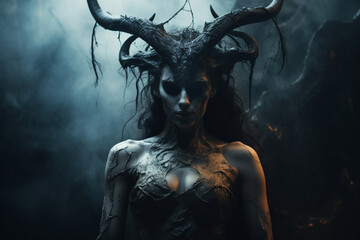 Horror, fantasy, sci-fi, culture and religion, make-up concept. Evil and demonic looking woman with horns and make-up horror and fantasy portrait. Dark moody background. Generative AI - obrazy, fototapety, plakaty