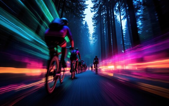 Long time exposure photo of a mountain bicycle race. Generative AI