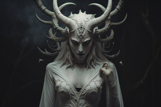 Horror, fantasy, sci-fi, culture and religion, make-up concept. Evil and demonic looking woman with horns and make-up horror and fantasy portrait. Dark moody background. Generative AI