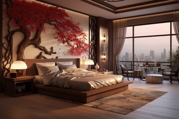 Interior of a bedroom in oriental style with double bed and panoramic window overlooking the city