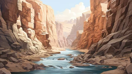 Poster landscape canyon rapids fast illustration mountain stream, scenic travel, park outdoor landscape canyon rapids fast © sevector