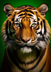 Animal portrait of a tiger on a green background conceptual for frame