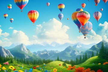 Dynamic scene with colorful balloons floating in the air. Generative AI