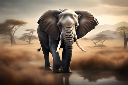 realistic image depicting a elephant with stunning shots in an attractive landscape. Ai generated.