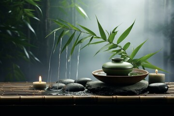 A serene spa setting with stacked smooth pebbles, bamboo leaves, and steam. Generative AI