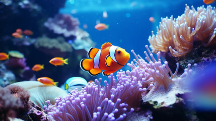 Naklejka na ściany i meble a group of clown fish swimming around anemone in an aquarium. ai generative