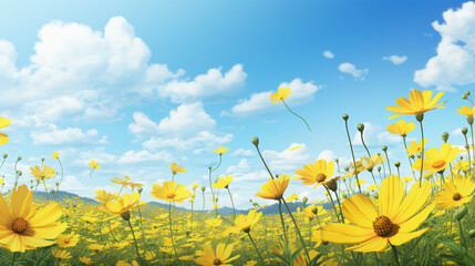 A field of yellow flowers with a blue sky in the background.ai generative