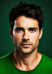 Obraz premium Black hair man in green clothes on conceptual green background for frame