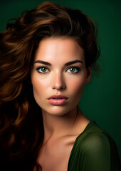 Brunette woman in green clothes on conceptual green background for frame