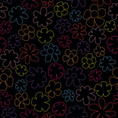 Black colorful floral seamless vector pattern. Wildflowers vector pattern. Line art blooming flowers vector.