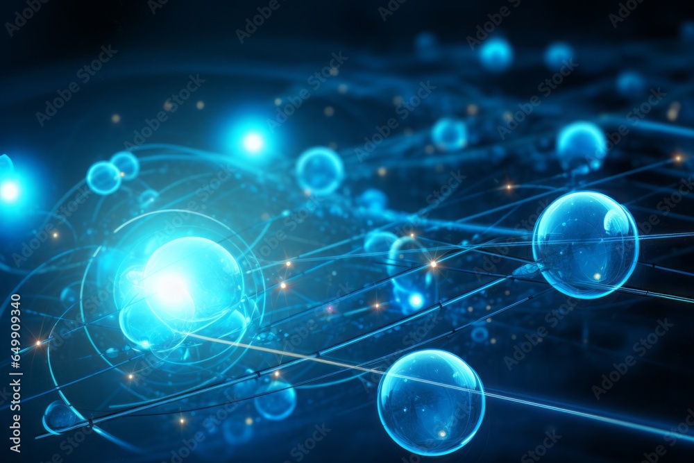 Poster abstract background: interconnecting shapes and lines within a serene blue circular canvas, offering