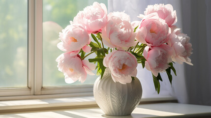 pink and white peonies flowers in a vase on the windowsill with sunbeams, with a white background in a room, product display presentation background or backdrop. ai generative