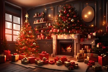 Fototapeta na wymiar Beautiful Christmas gift boxes on floor near fir tree in room