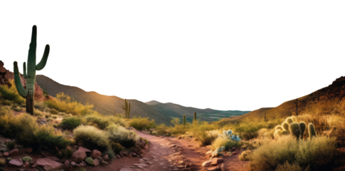 Arizona desert landscape. transparent PNG. cacti, cactus, agave. cholla, ocotillo, yucca, century plant