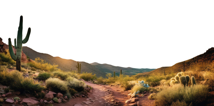 Arizona desert landscape. transparent PNG. cacti, cactus, agave. cholla, ocotillo, yucca, century plant