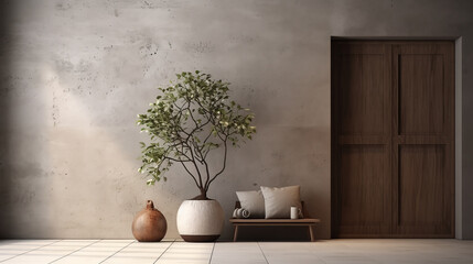 Interior background of room with brick wall, vase with branch and door 3d rendering An inviting living room interior adorned with a stucco wall. ai generative