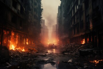 burning buildings. street perspective of a burning post apocalyptic city. war torn disaster. Devastated city.  - obrazy, fototapety, plakaty